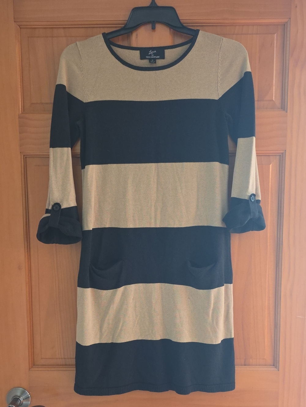 Lennie for Nina Leonard Black And Tan wide-stripe long-sleeve Dress - Medium